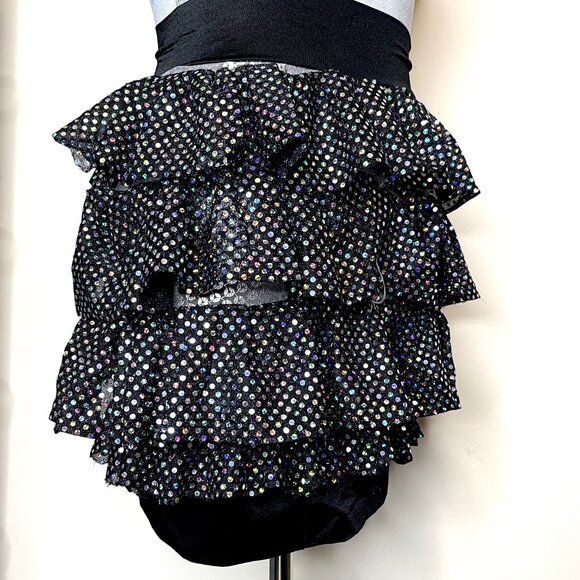 Toxic Vision Sequin Ruffle Mini Skirt Size XS Black Silver Club Rave Handmade - Picture 9 of 12
